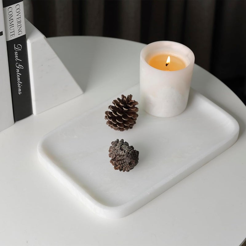 karibiber Vanity Tray, 11.8inch Marble Bathroom Tray for Countertop, White Marble Bathroom Dresser, Stone Serving Tray for Kitchen Counter, Storage Organizer for Decor, Perfume, Jewelry - Image 2